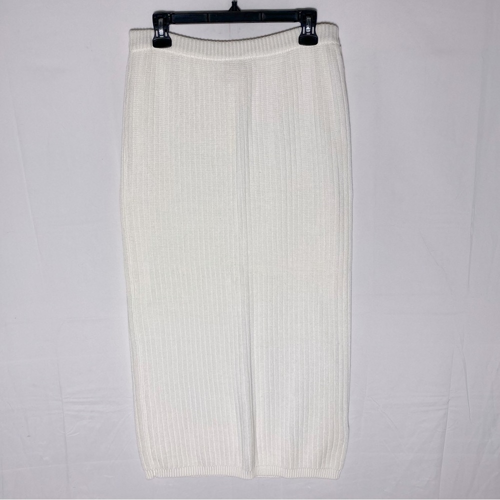 Vintage Unique White Ribbed Cotton Knit Maxi Pencil Skirt M Boho Minimalist